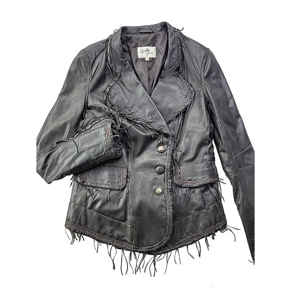 Scully Women's Leather Jacket Dark Brown Fringe Single Breasted Vintage Retro - Picture 1 of 9